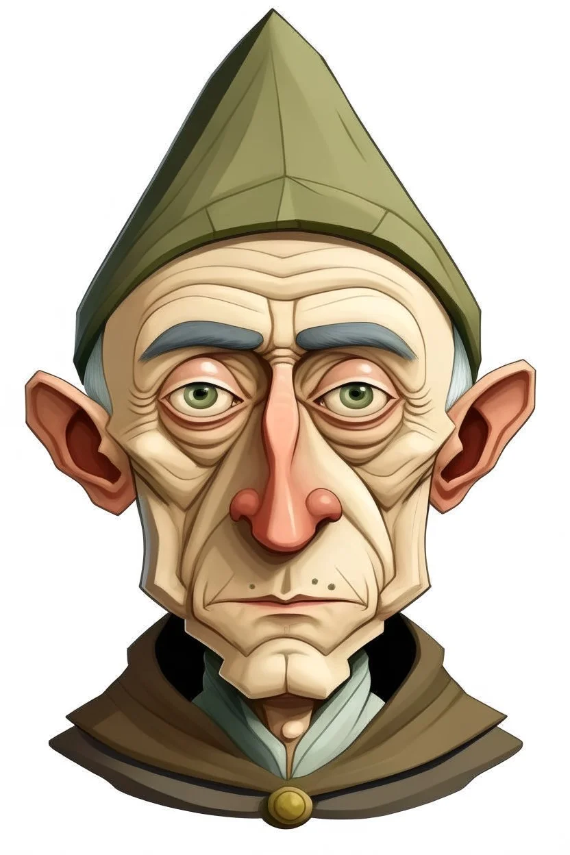 Portrait of a male gnome with short hair, intelligent eyes, angular face, aquiline nose, de Chirico style