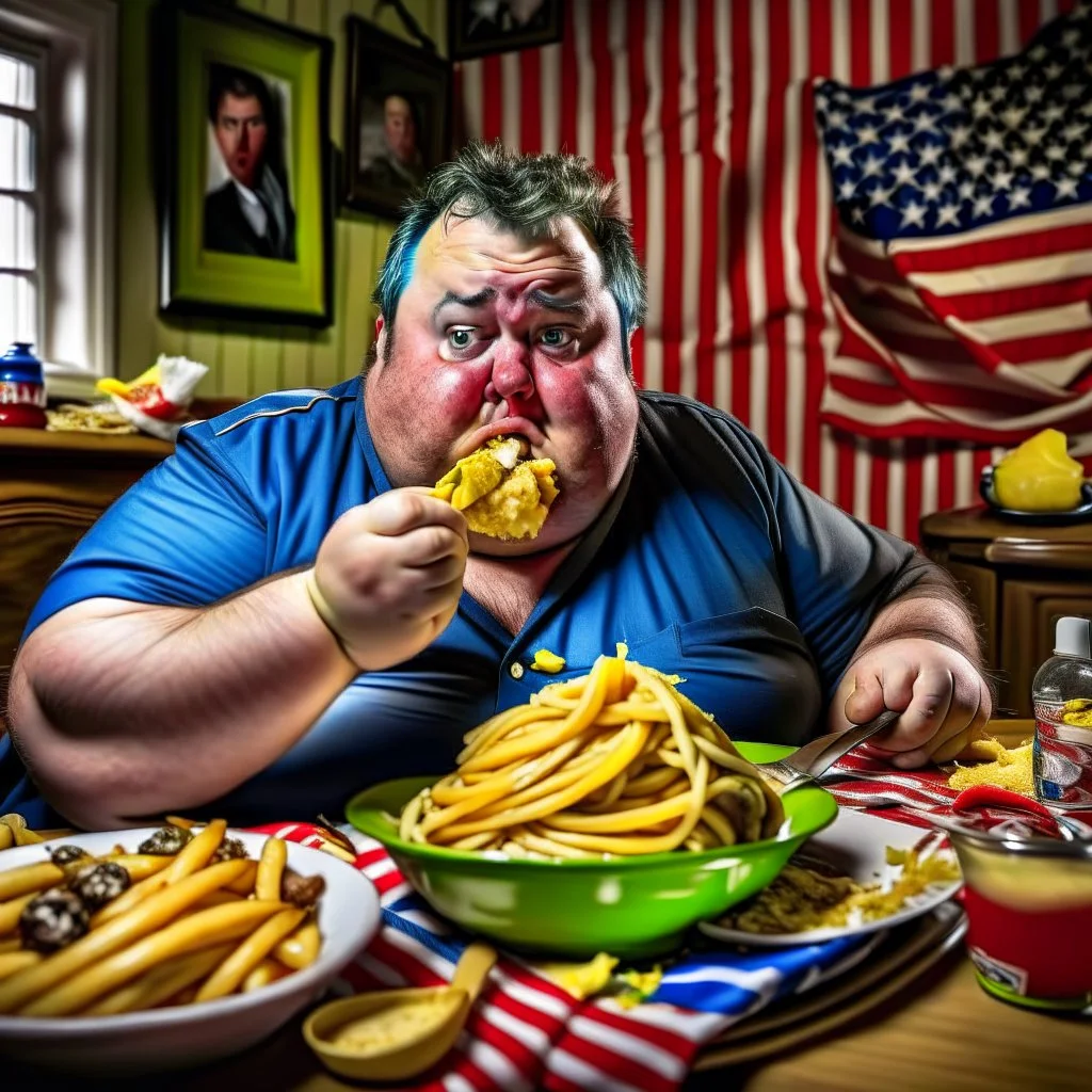 patriotic repulican fat american eating fries in his super messy kitchen HD