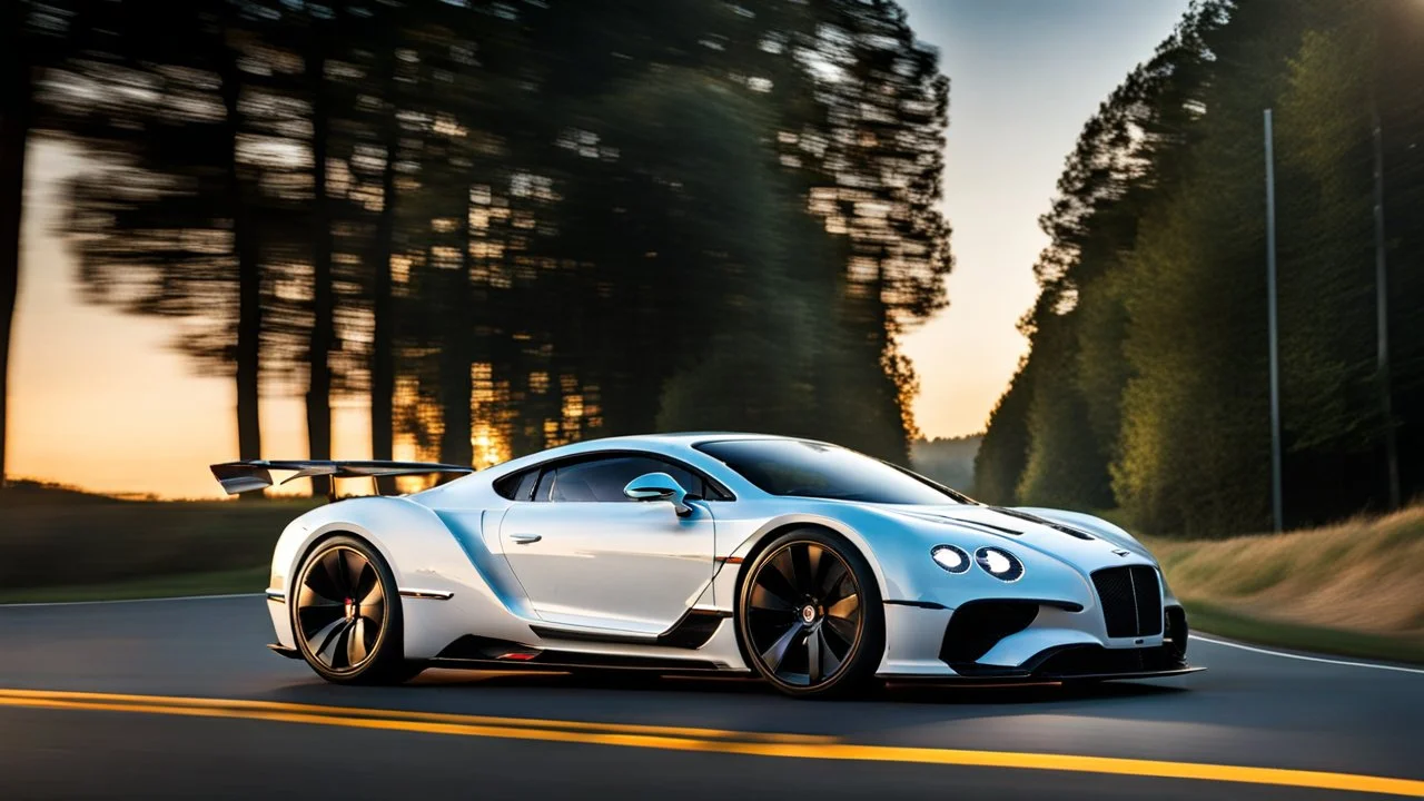 A sleek white shiny (((hypercar bentley))), its contours and details perfectly captured in a (((cinematic view))), zipping along a winding road under a beautiful blue black night sky