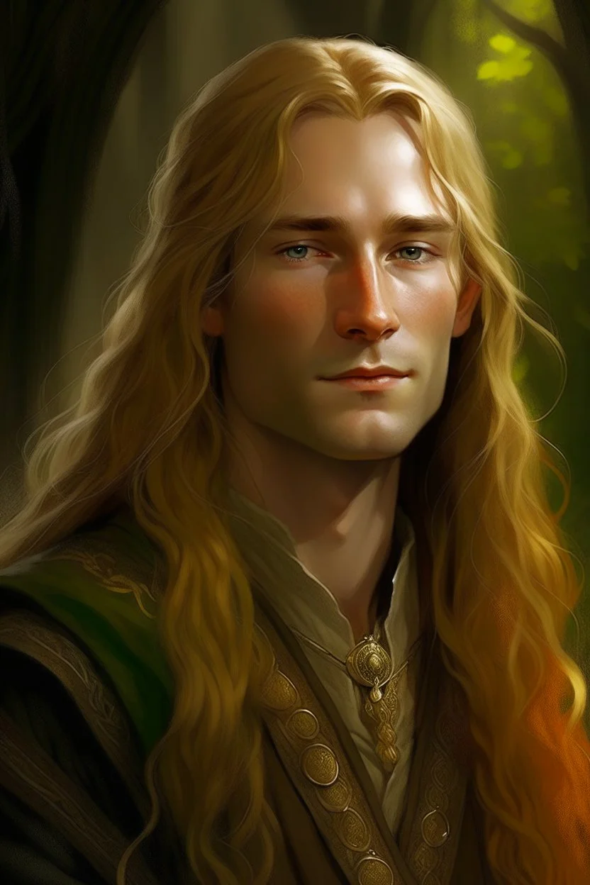 A young serene Lord Of The Rings like man with long golden hair that cascades gracefully. His open eyes, with blind pupils, reflect a depth of wisdom and inner peace. A gentle smile graces his face, adding warmth to his tranquil demeanor.