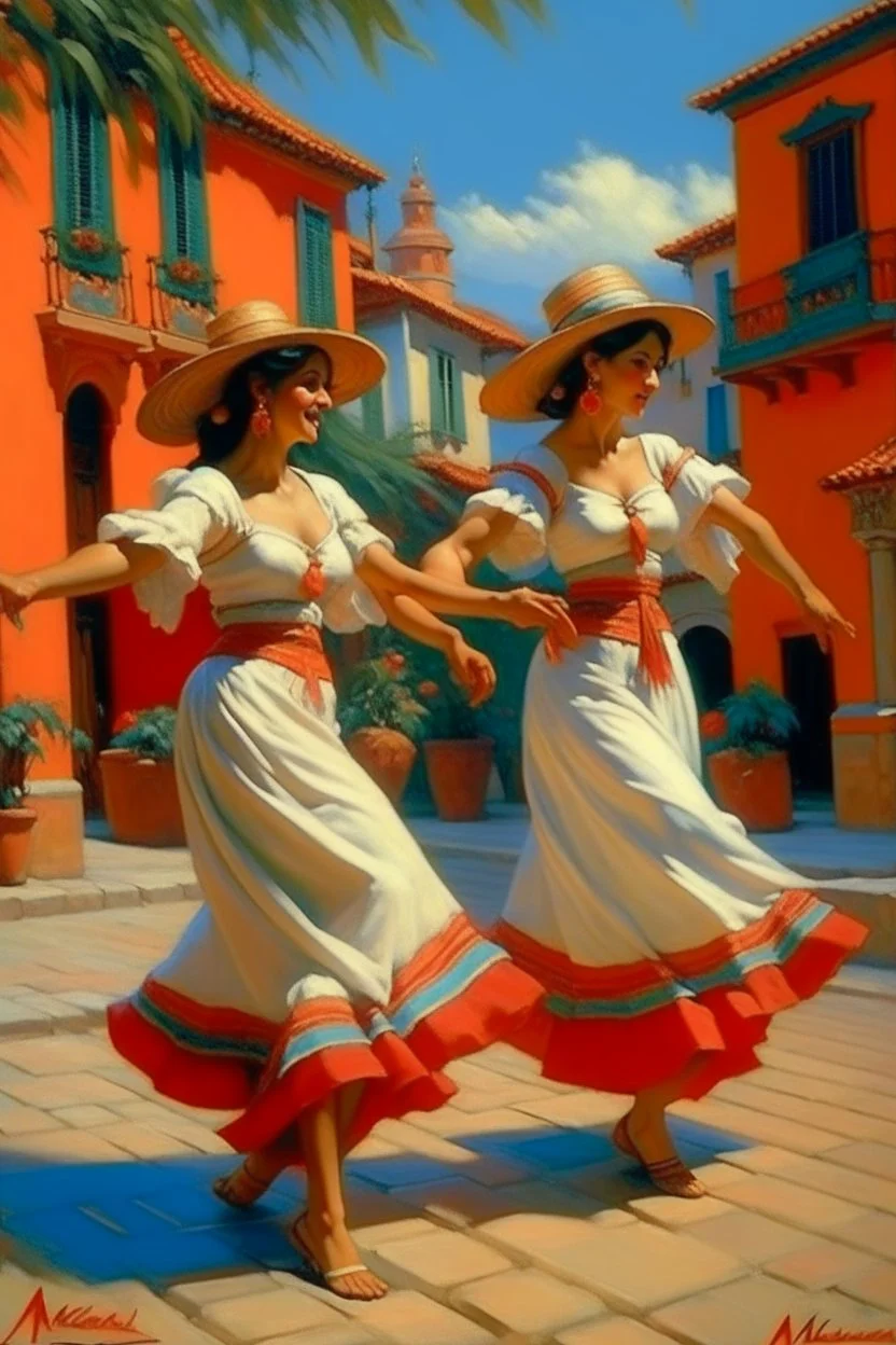 2 maxican woman dancing neoclassism traditional painting in mexican city