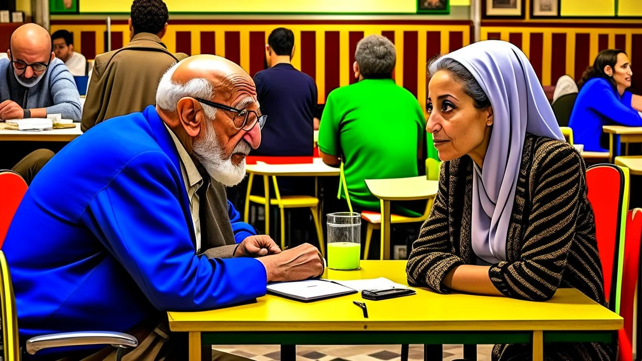 A teacher in the university cafeteria looks at an old man around the age of 60 sitting at another table next to hers, Egyptian complexion.