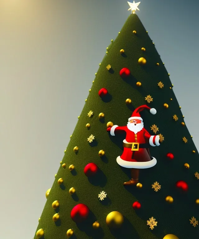 Small Santa Claus hanging in a branch of a giant christmas tree, midjourney style, 8k, photorealistic, cinematic lighting, dramatic, atmosphereric,