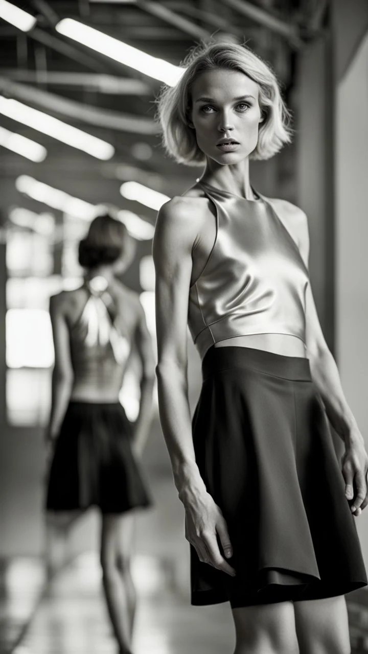 photography of a beautiful anorexic woman, silver satin halter top, sports illustrated, short wavy bob haircut, pronounced sternum