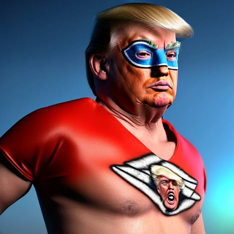 realistic image of donald trump as a mexican wrestling fighter posing, blue Mexican eyes wrestling mask, retro style, 80s, vibrant color, highly detailed, sky background, concept art, unreal engine 5, god rays, ray tracing, RTX, lumen lighting, ultra detail, volumetric lighting, 3d, finely drawn, high definition, high resolution.