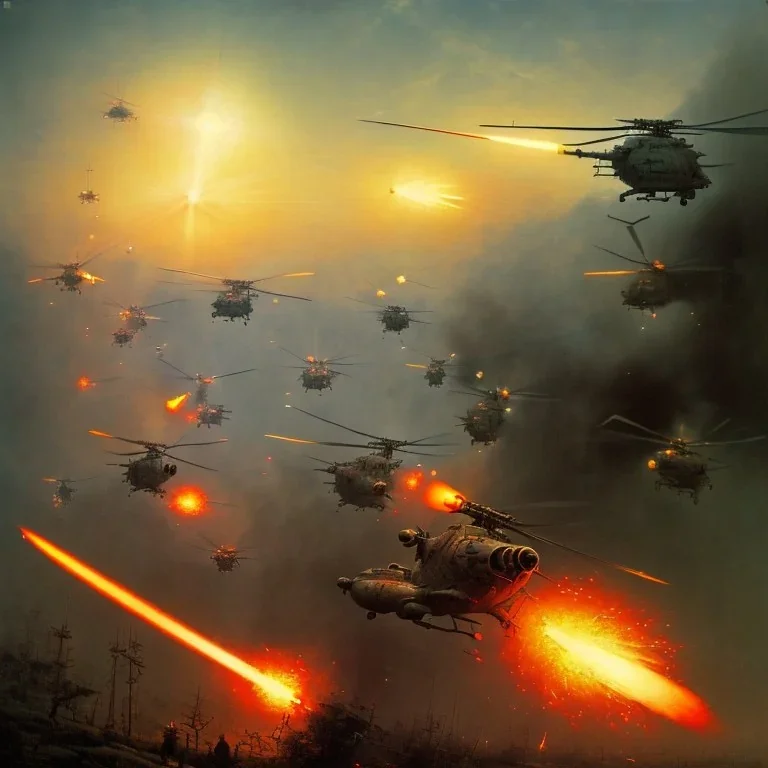 vietnam war. war report. helicopter. bokeh. lens flare. warm lights. high detailed. beksinski