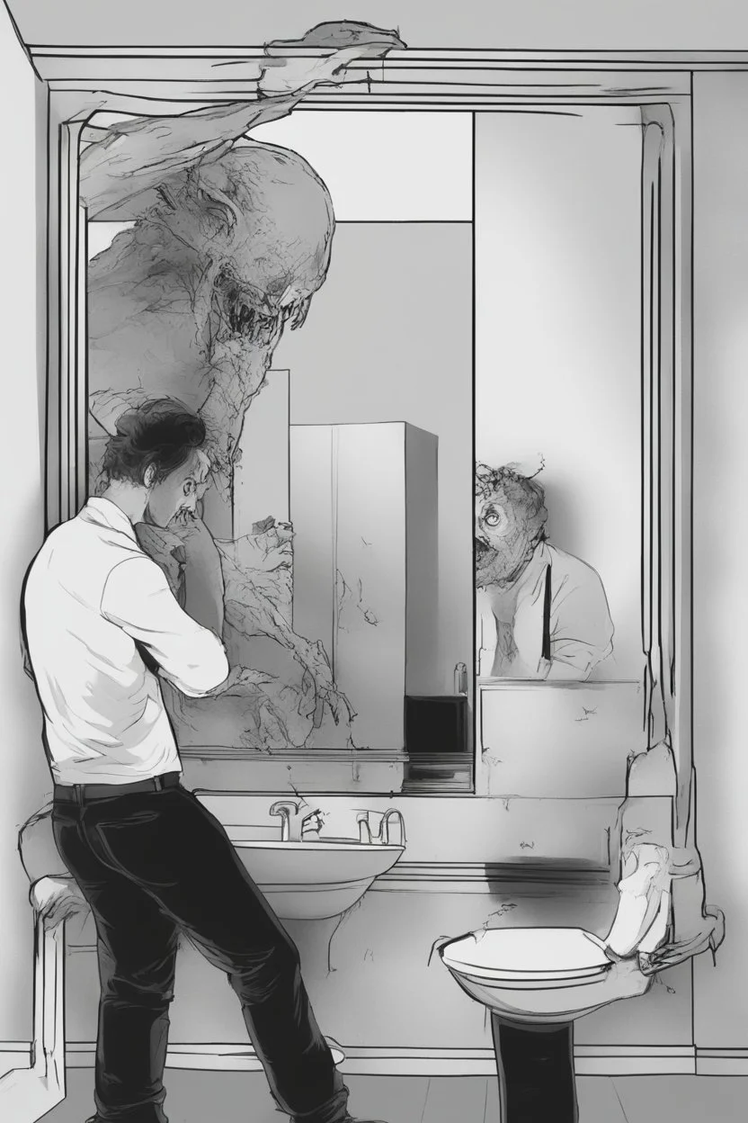 a man looking into a shattered bathroom mirror and seeing a horrifying, abstract deranged monster in his reflection