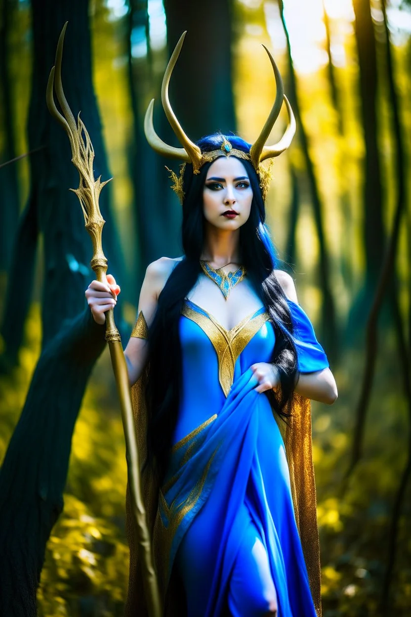 A picture of a beautiful blue faced Korean goddess with skin painted blue, blue body, blue torso, wild black hair, stag antlers, elven ears, golden skirt, holding a staff in a sunny forrest