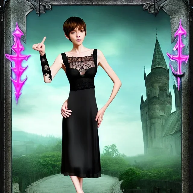 Realistic photo short hair boyish boylike (boyish face) beautiful cleavage lace neckline (short mens haircut) amulets of evil forces on neck (thin waist) (wide hips) lacy nightgown (girlish pink room of black magic) (symbols of evil black magic and evil force on the walls) (learns to be an evil sorceress)