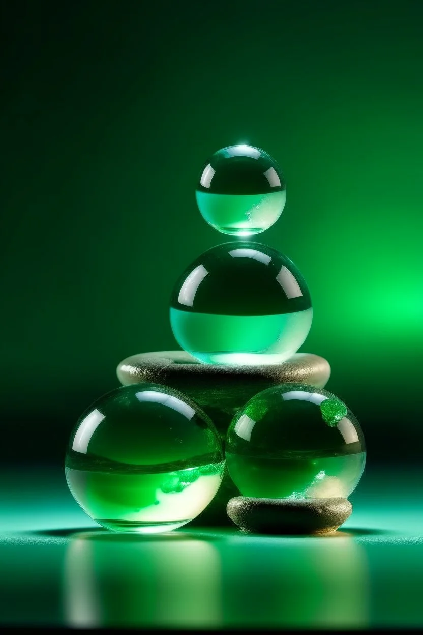 large and small glass balls on stones balance on top of each other, light green background, bright glow