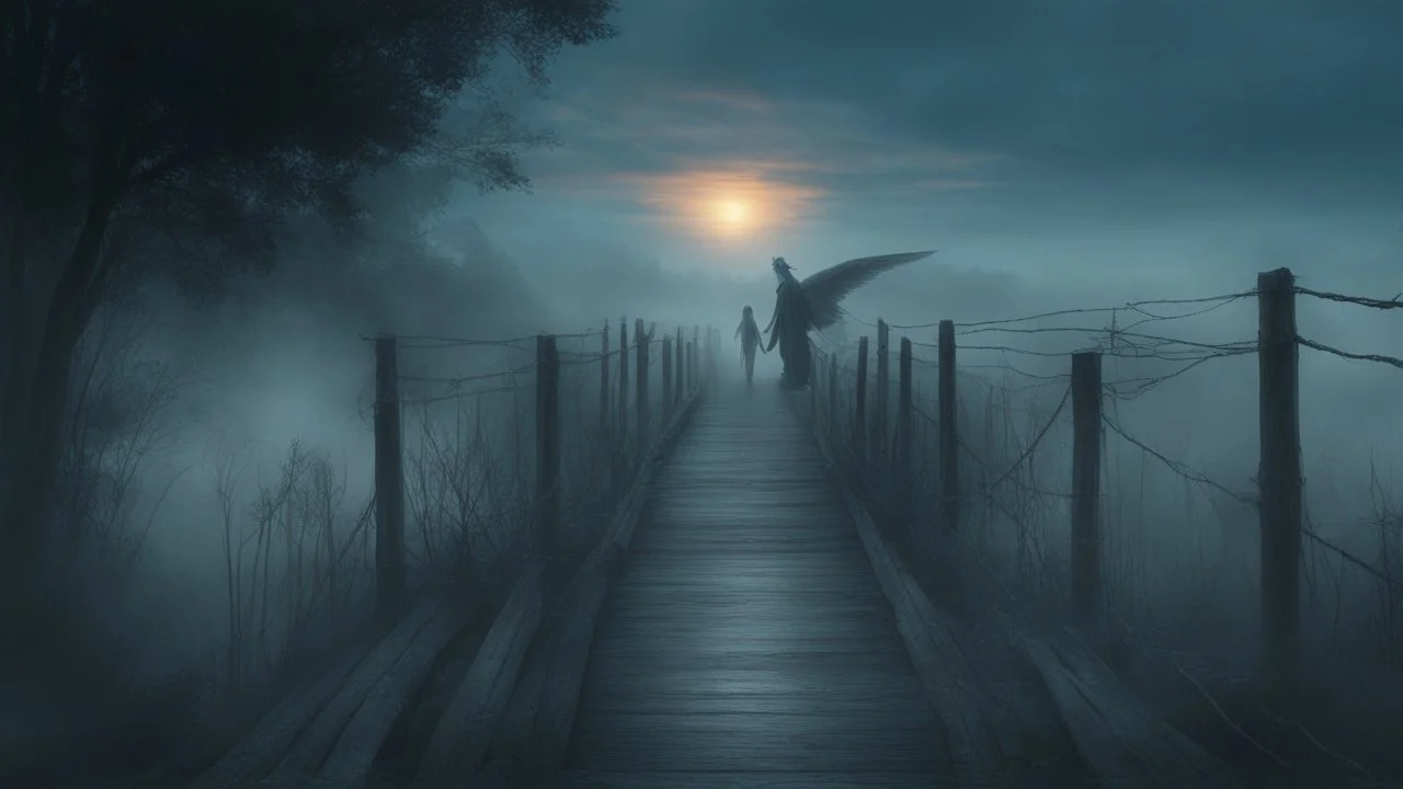 walking straight ahead over a wooden bridge, holding the angel of death with your right hand, entering the fog at the end of the road that leads to the afterlife, and a beautiful sunset and galaxy's behind the fog, realistic