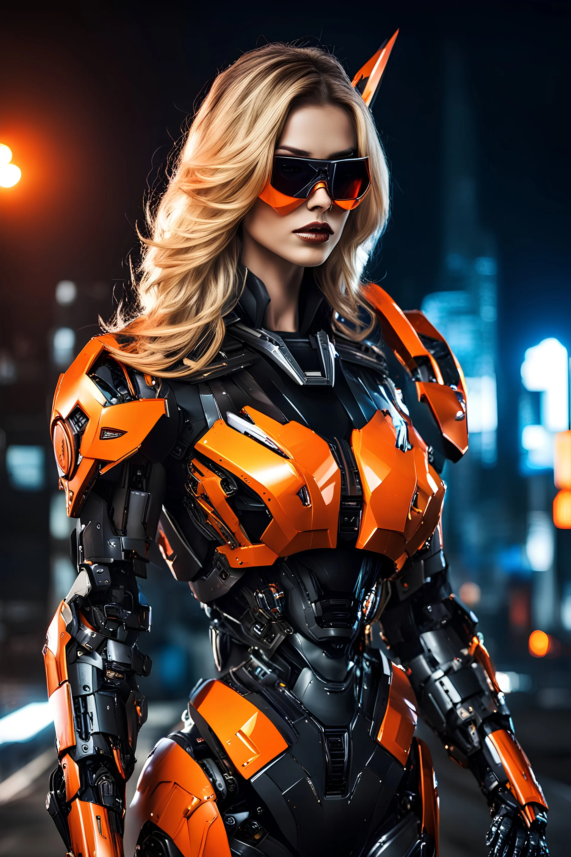 super pretty woman, good body, big bubs, blonde longer hair, bad mode, high performance robot costume, robotic suit, woman inside, sunglasses, hood, black and orange paint, led lights, good A.I. Interpretation, transformers inspiration, Autobots, car mixed, high definition photo, intrincate details, HD, darknight background.