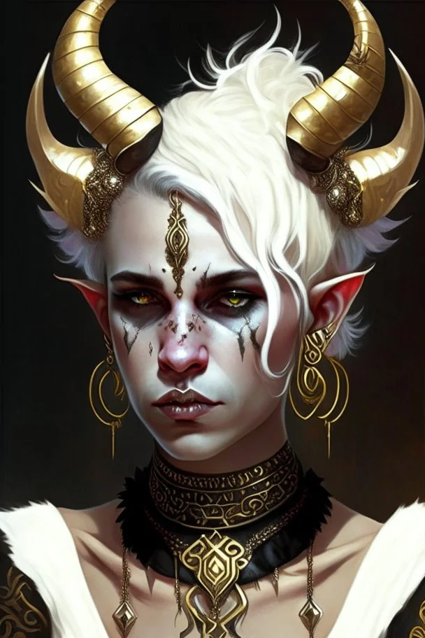 A young tiefling woman with a set of ram horns on her head encrusted with jewels, White-Blonde, short hair, black eyes, dressed in white and gold with lots of jewelry, beautiful, satanic tattoos on her neck,