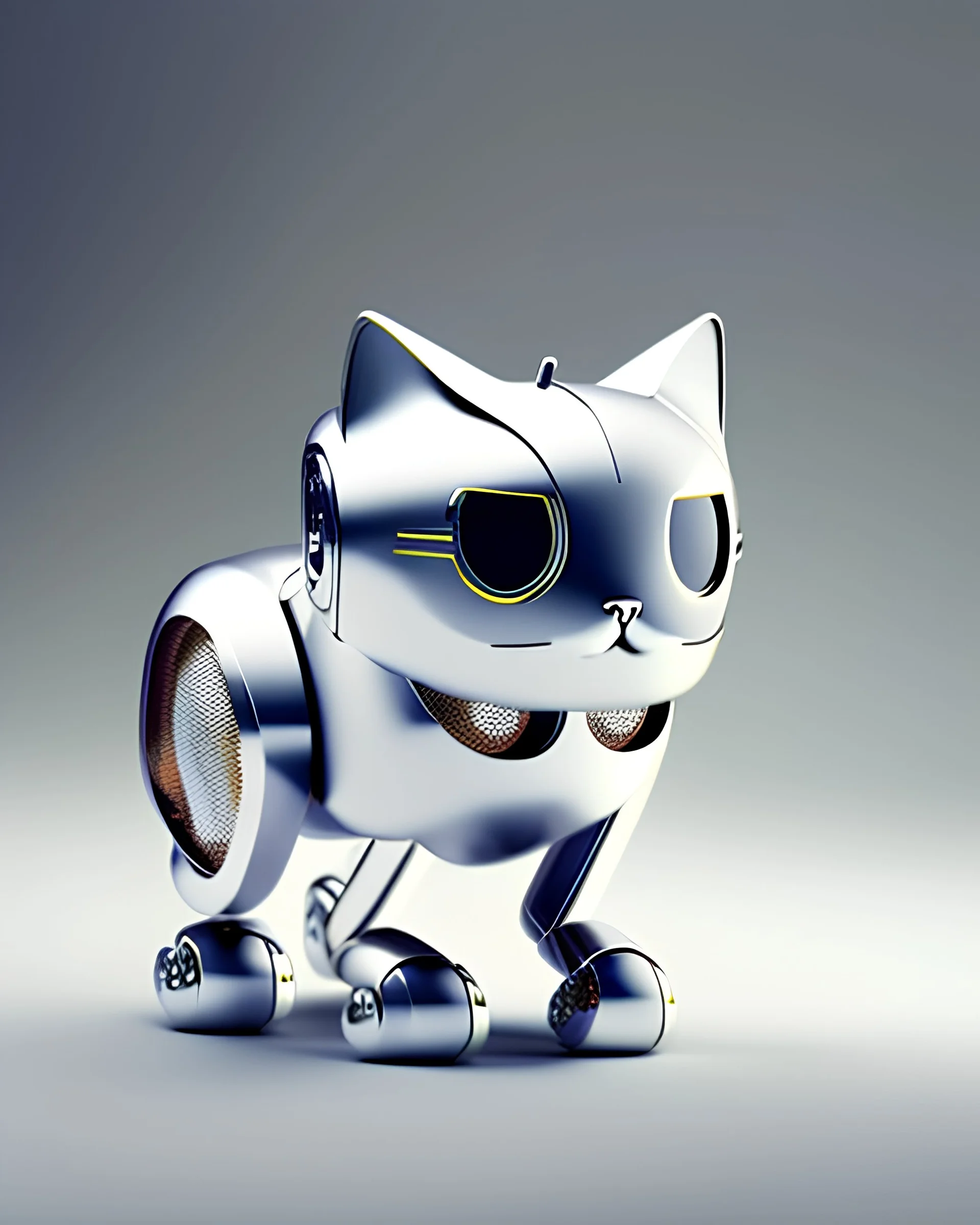 A robotic cat with an Apple logo called “iBots”, suggesting it’s made from an Apple product’s casing. Its glossy white and silver limbs are mechanically jointed, reflecting a scarabet’s anatomy. The design is a creative fusion of technology and organic form, compactly labeled “ibots.” Hyper detailled, hyper realistic, 4K, sharp render Extreme closeups of Wolof people. Their eyes glow with gemstone colors and reflect Cobalt Infinity, –v6