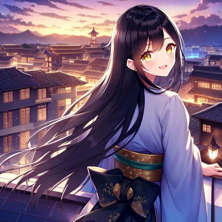 girl, masterpiece, best quality, volumetric lighting, detailed outfit, perfect eyes, long hair, black hair, golden eyes, rooftop, town, starry sky, obi, looking back, laughing,