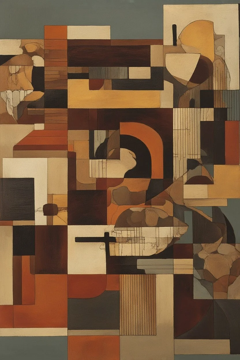 hyperdimensional logic is depicted through Analytic Cubism, a style inspired by Georges Braque, with fragmented geometric forms and overlapping planes, earthy tones of brown and beige, and bold black lines, set against a muted blue-gray background, with intricate textures and patterns, and a sense of visual tension and complexity, inviting the viewer to decipher the multiple perspectives and dimensions embedded within the composition.