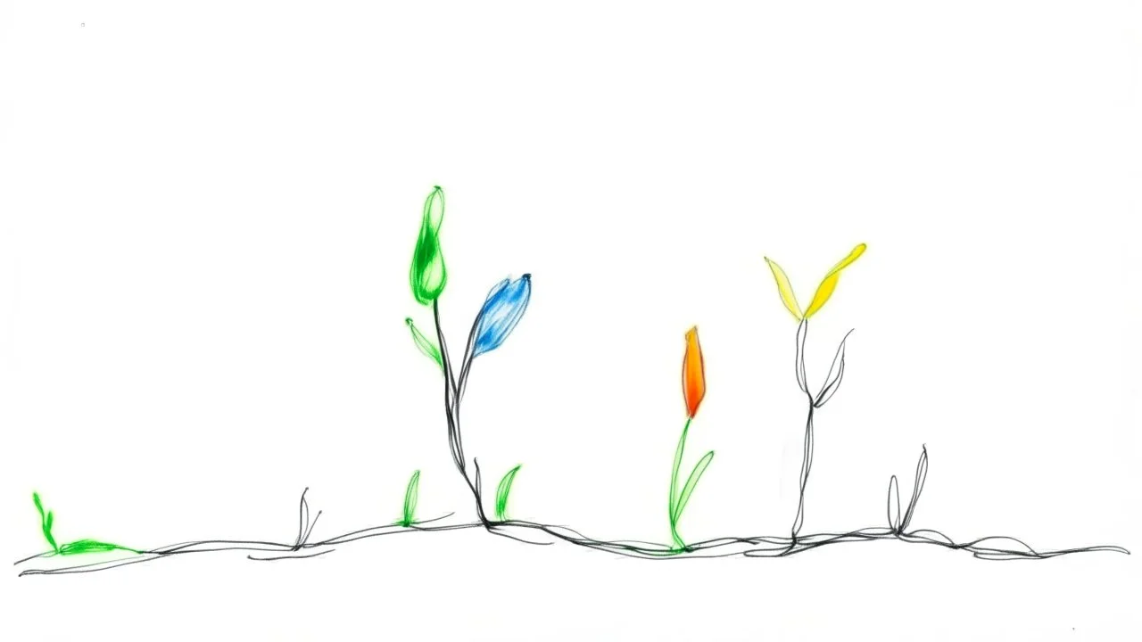 Expressive and minimalist oil pastel drawing of a minimalist garden. White background.