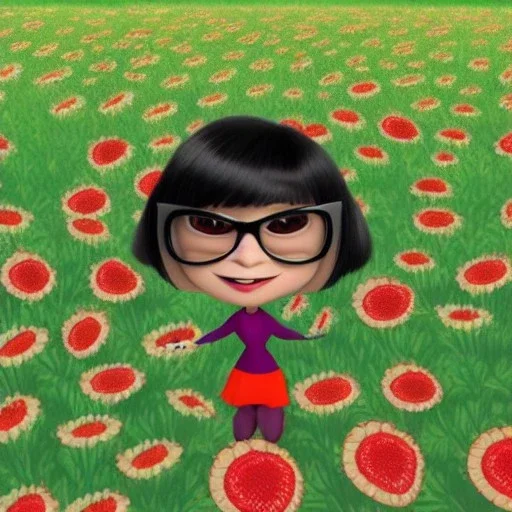 Edna Mode from the Incredibles lying in a field of flowers and watermelons, computer generated graphics