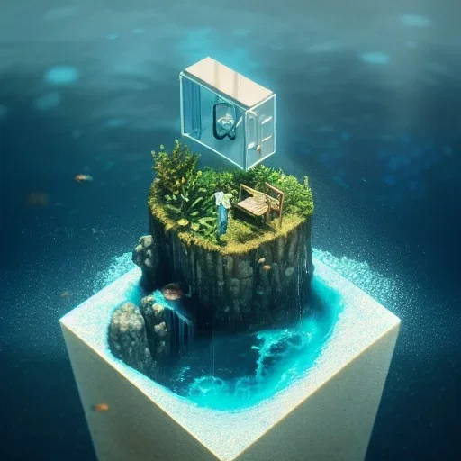 The Isometric Glass Tall Box Mini Model Little Real Island Mixed Water Fall Under Ocean Sunshine Summer Background Blue Sea, The Last Of Us / Avatar, Octane Render / ZBrush, Cinematic, IMAX Film, Nikon D750, 16K, Autostereoscopy, Anthropomorphic, Golden Ratio, Geometry, Symmetric, Depth Of Field, Highly Detailed, Ultra Realistic, Beautiful Lighting, Halfrear Lighting, Soft Light, Candoluminescence, Cast Shadow, Reflective, Glow, Translucent, Normal Map, Carbonated --testp