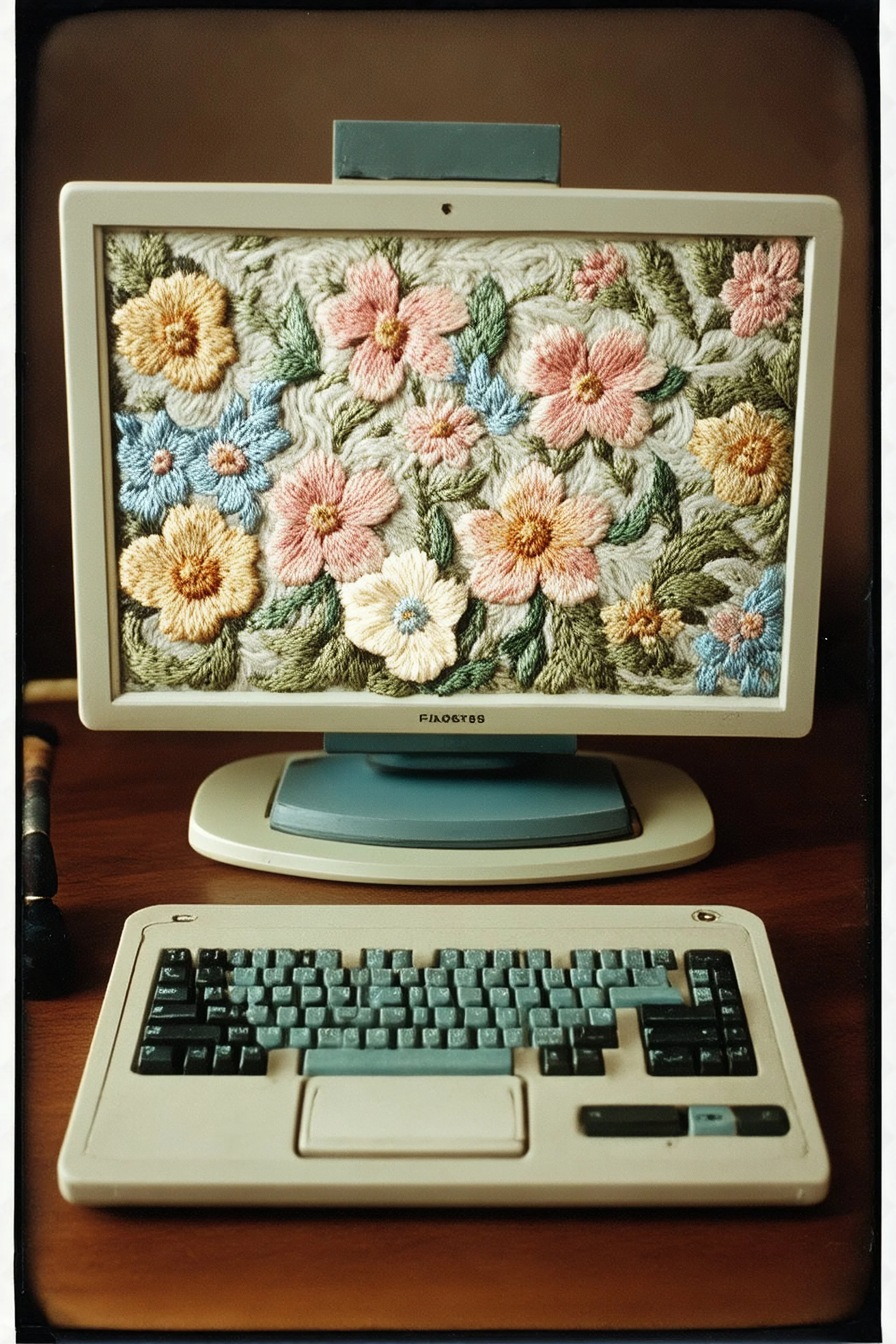 Ordinateur avec des fleurs brodees, , tintype