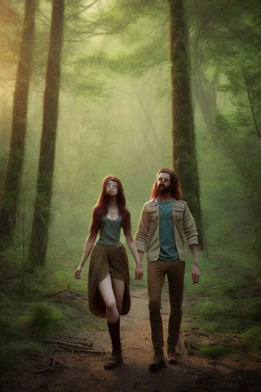 Jeune couple marche dans magnifique forêt fantaisie décor mystique, Jeune homme grand musclé cheveux longs bruns bouclés habillé en bûcheron, jeune femme petite fine magnifique cheveux longs roux