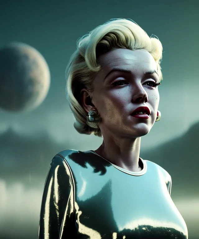 Ultra Realistic retro sci-fi scene, portrait, 2 blonde woman clones, sweet young Marilyn Monroe face, perfect iris, tight latex coat, helmet, Strange planet background. Spaceship, fog, rain, soft color, highly detailed, unreal engine 5, ray tracing, RTX, lumen lighting, ultra detail, volumetric lighting, 3d, finely drawn, high definition, high resolution.