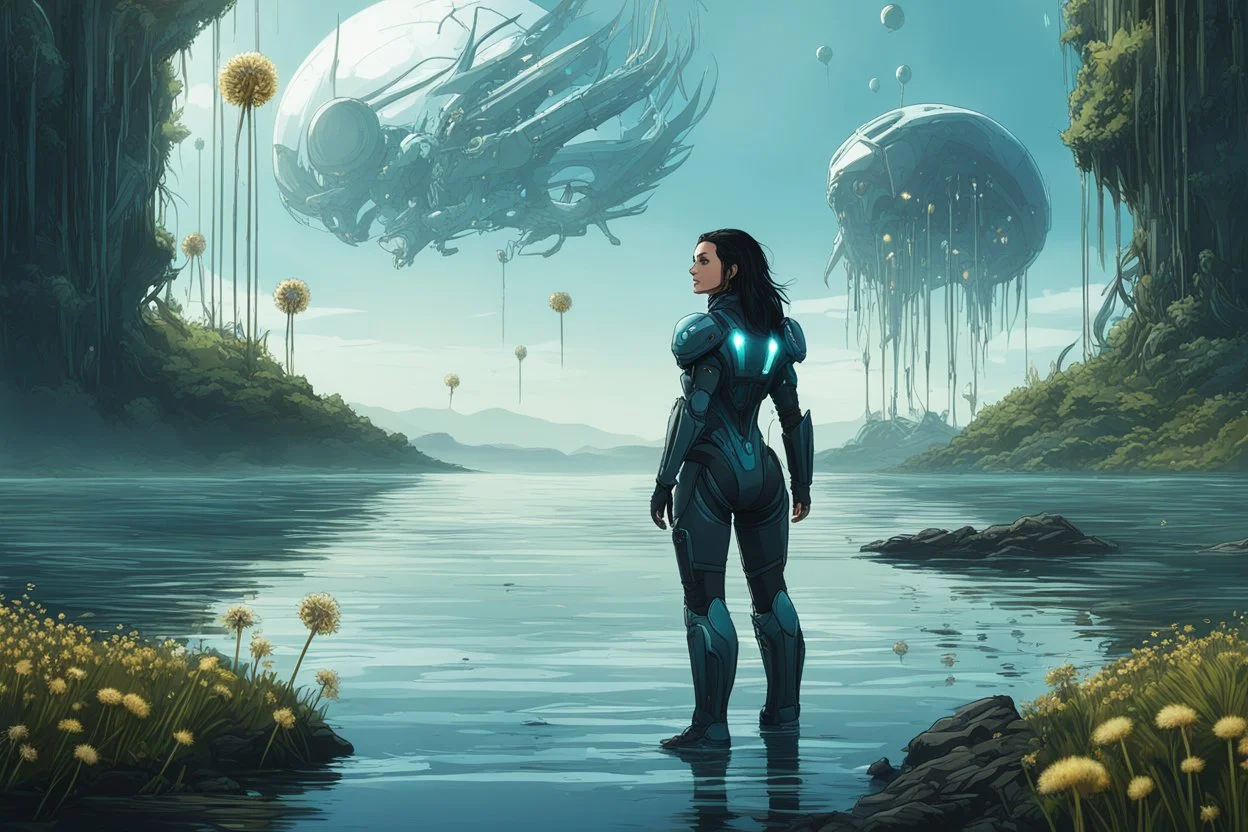 young woman in an android suit with dark hair, standing on the shore of an alien sea. Floating forests with dandelion tops in the distance