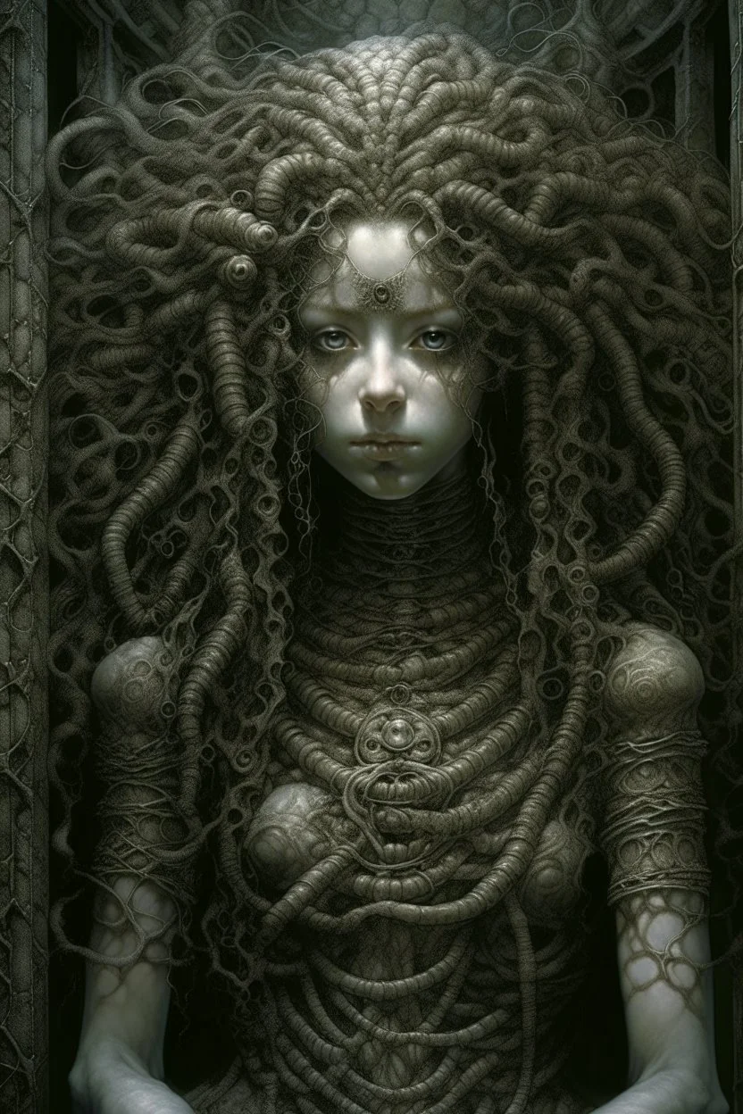 A beautiful girl with long curly hair , half the body , front view . decayed and rotting with grotesque proportions and imagery. grotesqueries, detailed texture, surreal horror, biomechanical design, by hr giger and beksinski