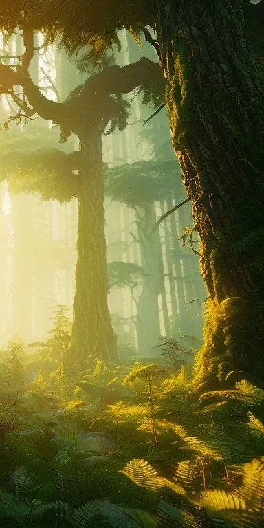 dense forest , sunshine , city in the distance , atmospheric , 8K, super realistic, unreal engine, cinematic lighting, octane render.