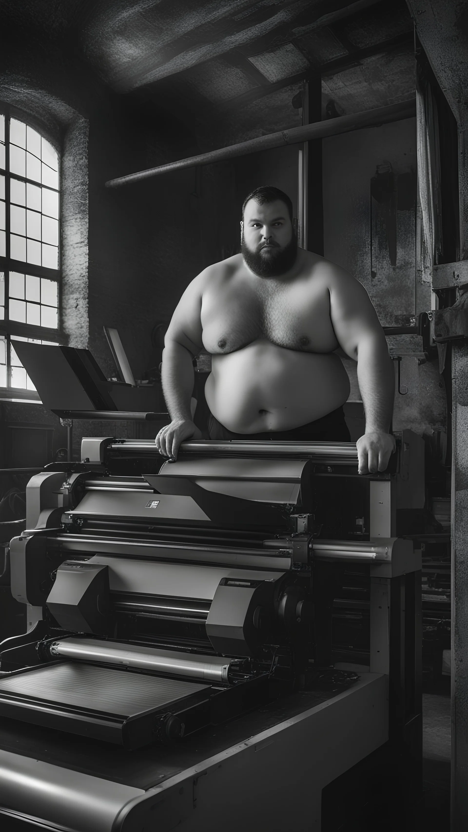 sardininan strong chubby 30 year old man in bulging tracksuit, short beard, shirtless, printer in an old printing house, next to a huge old printer, dim light, side light, ambient occlusion