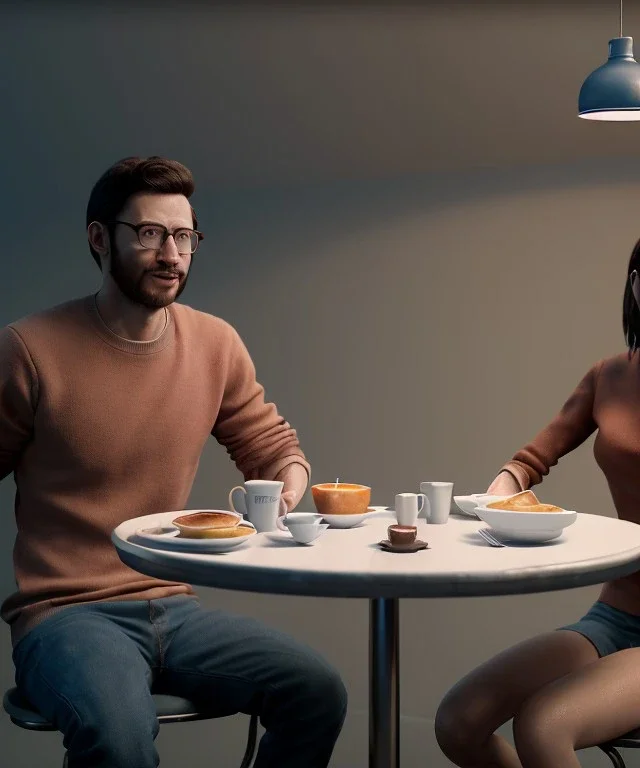 man and woman sitting in cafeteria and having breakfast levitating, soft color, highly detailed, unreal engine 5, ray tracing, RTX, lumen lighting, ultra detail, volumetric lighting, 3d, finely drawn, high definition, high resolution.