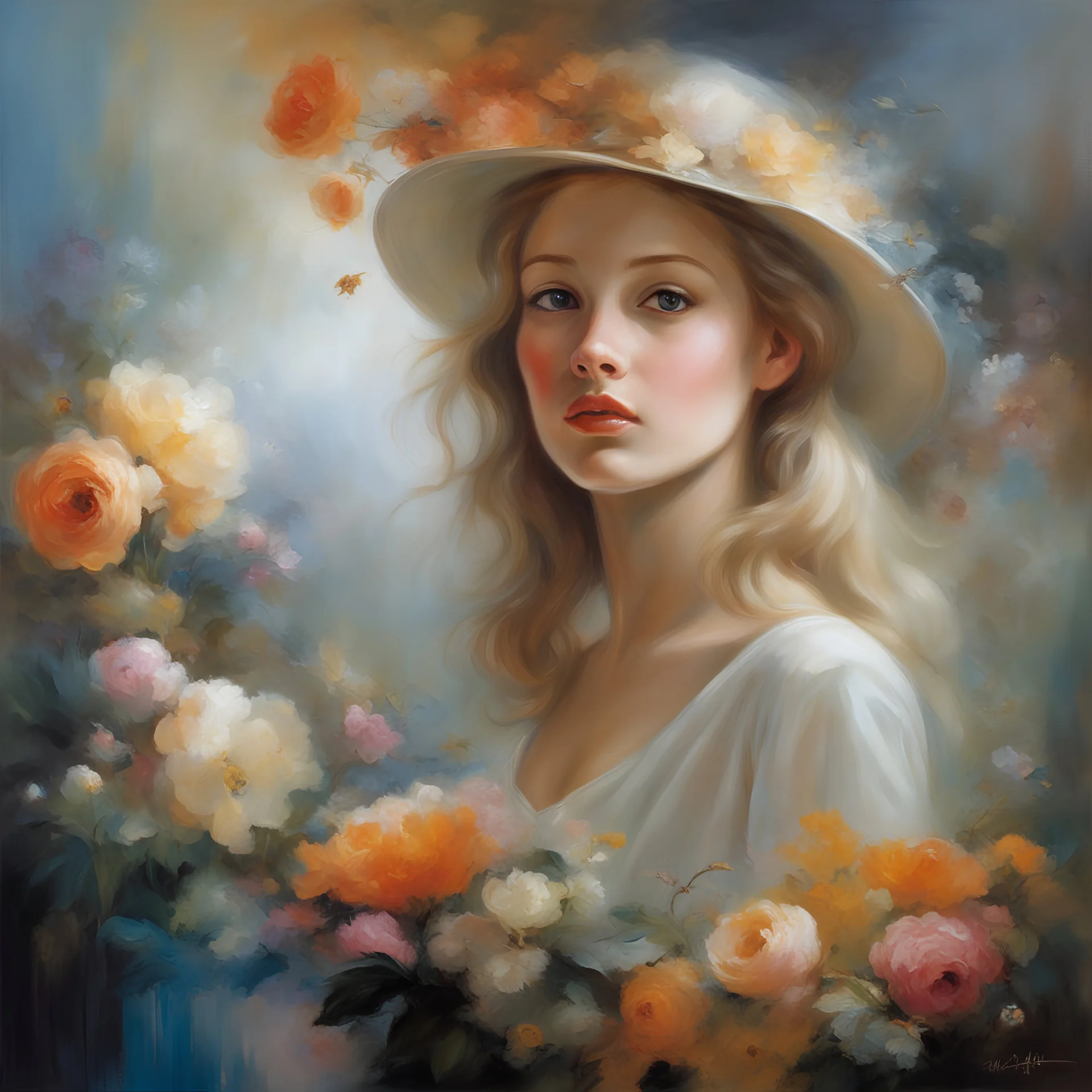 ((best quality)), ((masterpiece)), ((realistic, digital art)), (hyper detailed), Craft a self-portrait of a young woman, that explores the depths of her subconscious mind, depicting her inner world in a surreal manner, painted by Willem Haenraets