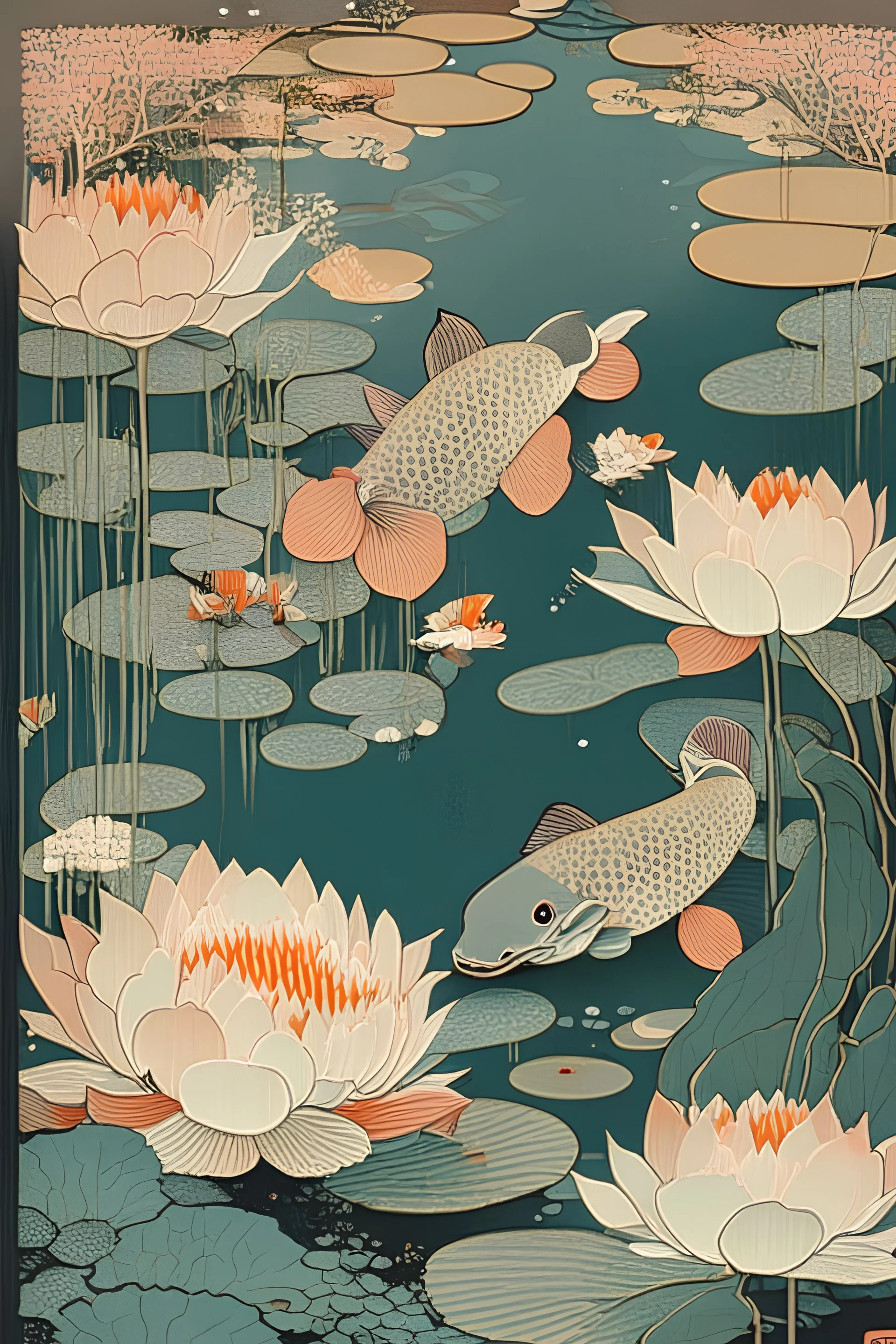 An elegant, Japanese woodblock print-inspired illustration of a koi pond, featuring several koi fish swimming gracefully among blooming lotus flowers and gently swaying underwater plants, utilizing a harmonious color palette and traditional composition techniques.