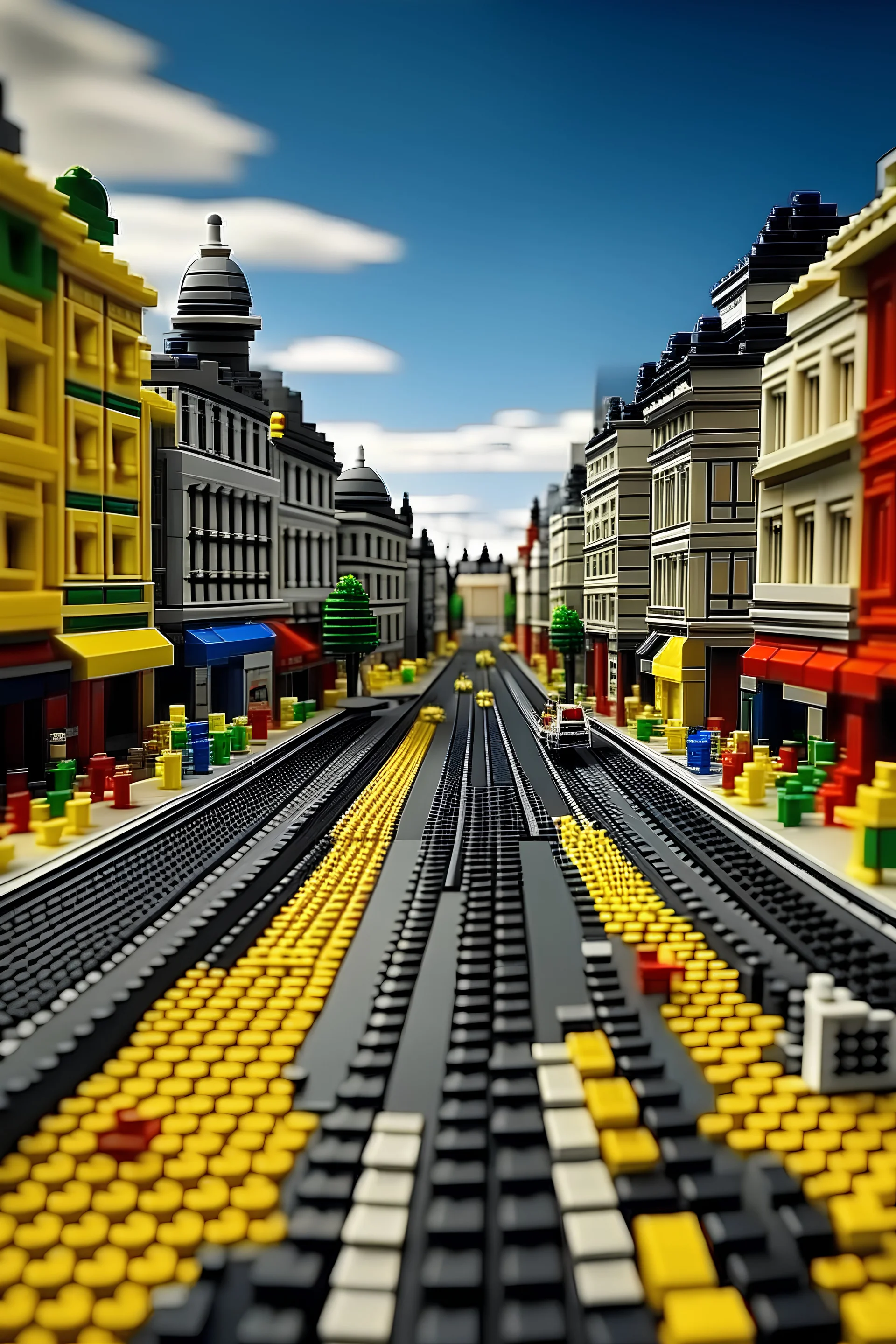 street road for a background view from someone on the road looking forward but make it look like its in lego world