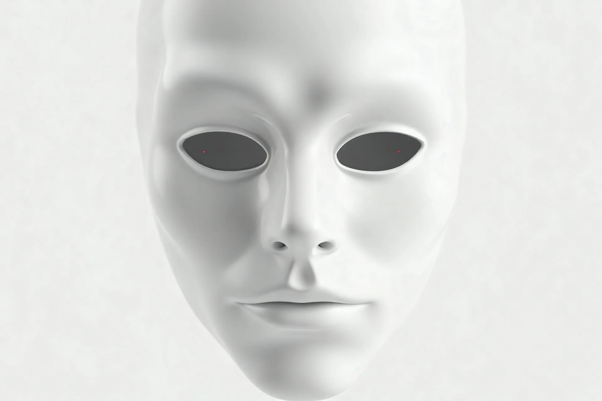 create a pure white mask, the mouth is pure black, realistic, digital art, high resolution, the eyes are black but with little red sparks inside of them