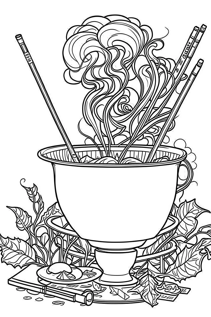 Outline art for coloring page, A CIGARETTE WITH WHISPS OF SMOKE OUTSIDE OF A JAPANESE CHAWAN TEACUP, coloring page, white background, Sketch style, only use outline, clean line art, white background, no shadows, no shading, no color, clear