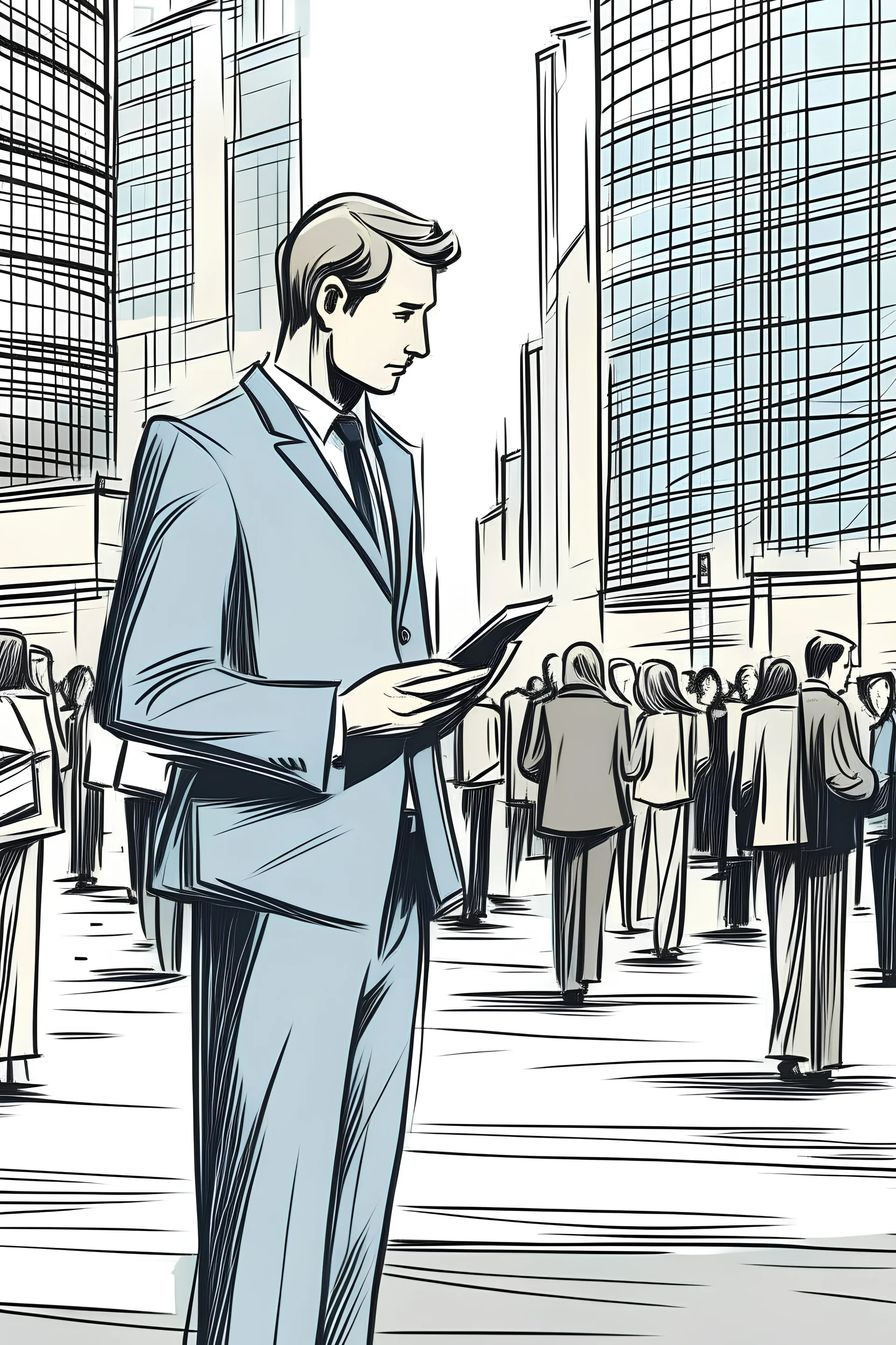 a stylized well-dressed researcher taking notes while standing and observing people in a urban environment, with a focus on blocnotes