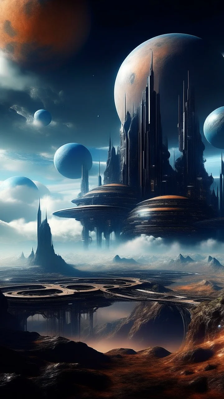 sci fi planet, alien city, mysterious, clouds