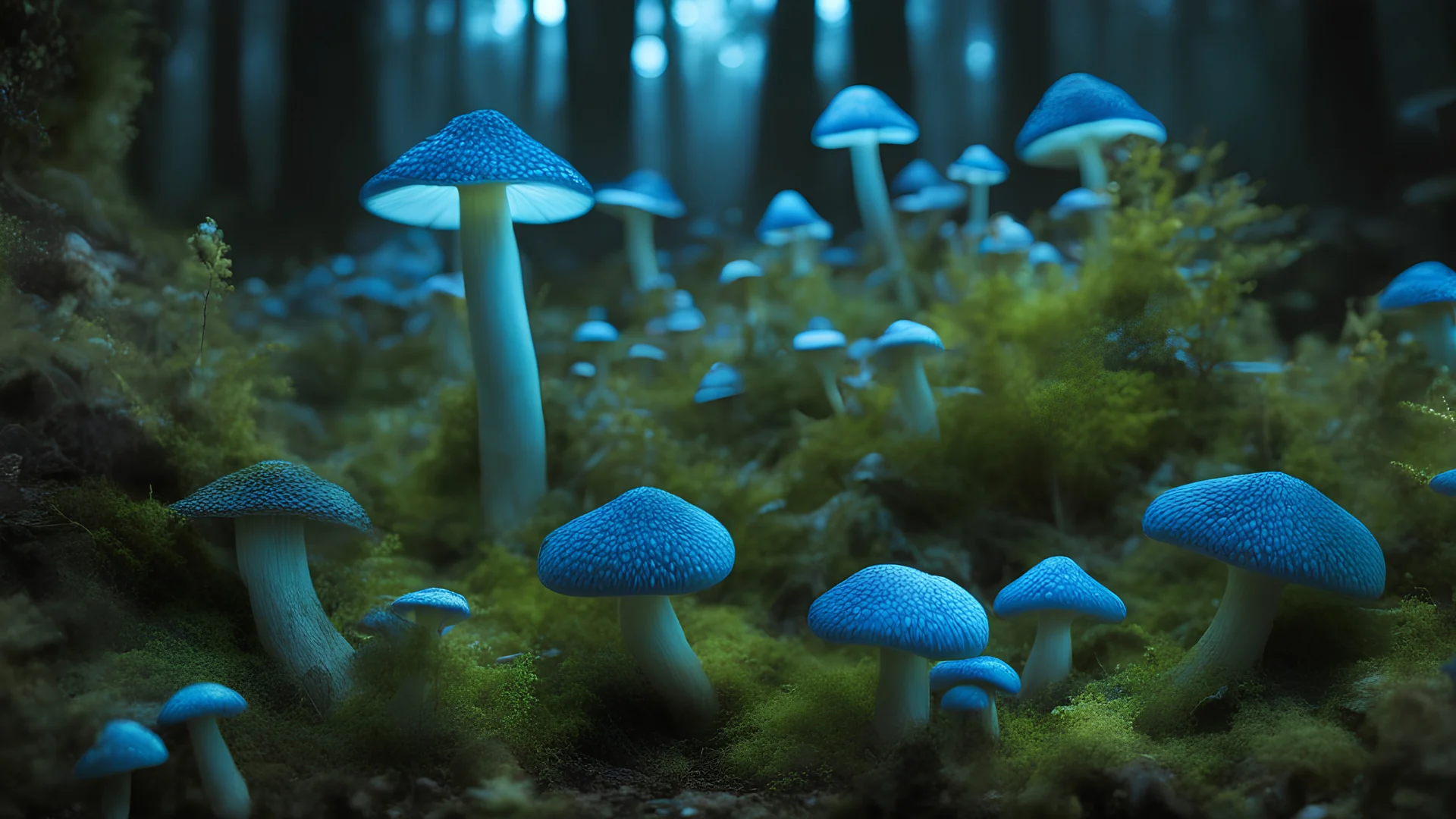 Photoreal gorgeous cluster of of giant blue and green fluorescent luminescent mushrooms as far as the eye can see in the pitch black underdark of the Forgotten Realms. otherworldly creatures, in the style of fantasy movies, shot on Hasselblad h6d-400c, zeiss prime lens, bokeh like f/0.8, tilt-shift lens, 8k, high detail, smooth render, unreal engine 5, cinema 4d, HDR, dust effect, vivid colors.