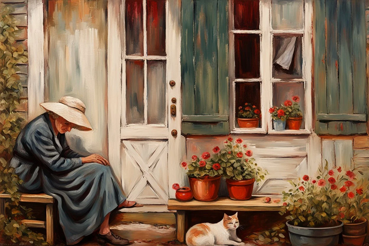 oil on roughened canvas, Textured Scumbling Technique, loose unstructured, Monet brush strokes. vintage feel. Old wooden Open housedoor with peeling paint, window next to door. An old woman with a curled sleeping cat beside her is sitting on an old tatty wooden bench. flowers, and pots. scruffy rundown pop hue of red