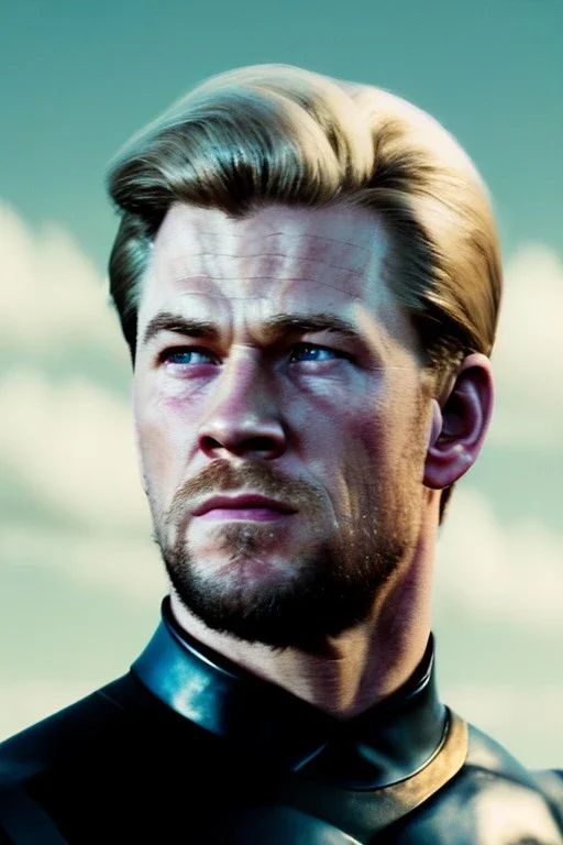 retro portrait image from 1960, sky background, wind, extra long blonde hair, fighting stance, young Chris Hemsworth, clean shave face, black dress, classic long tight lycra black suit, red cap, platinum lycra with scales on the arms, gold bracelet and belt, high boots, soft color, highly detailed, unreal engine 5, ray tracing, RTX, lumen lighting, ultra detail, volumetric lighting, 3d, finely drawn, high definition, high resolution.