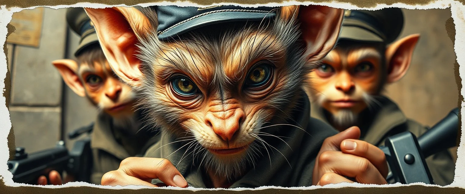 airbrush and pen outline, french art , extreme close up on cheeky fluffy weasel hairy goblin military prison guard troupe news anchor elf family scumbag , pinhole cam, airbrush 3d rendering, in the style of Titian and Rembrandt , torn edges on border
