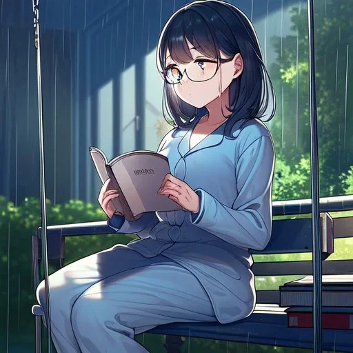 anime girl sitting on a porch swing of an old house, journaling, wearing pajamas, writing in a book, shes watching it rain, more detail on hands and her face,shes deep in her thoughts, wearing glasses, rain drops, she has a pencil in her hand and is writning in the book, she is looking down at what she is writing