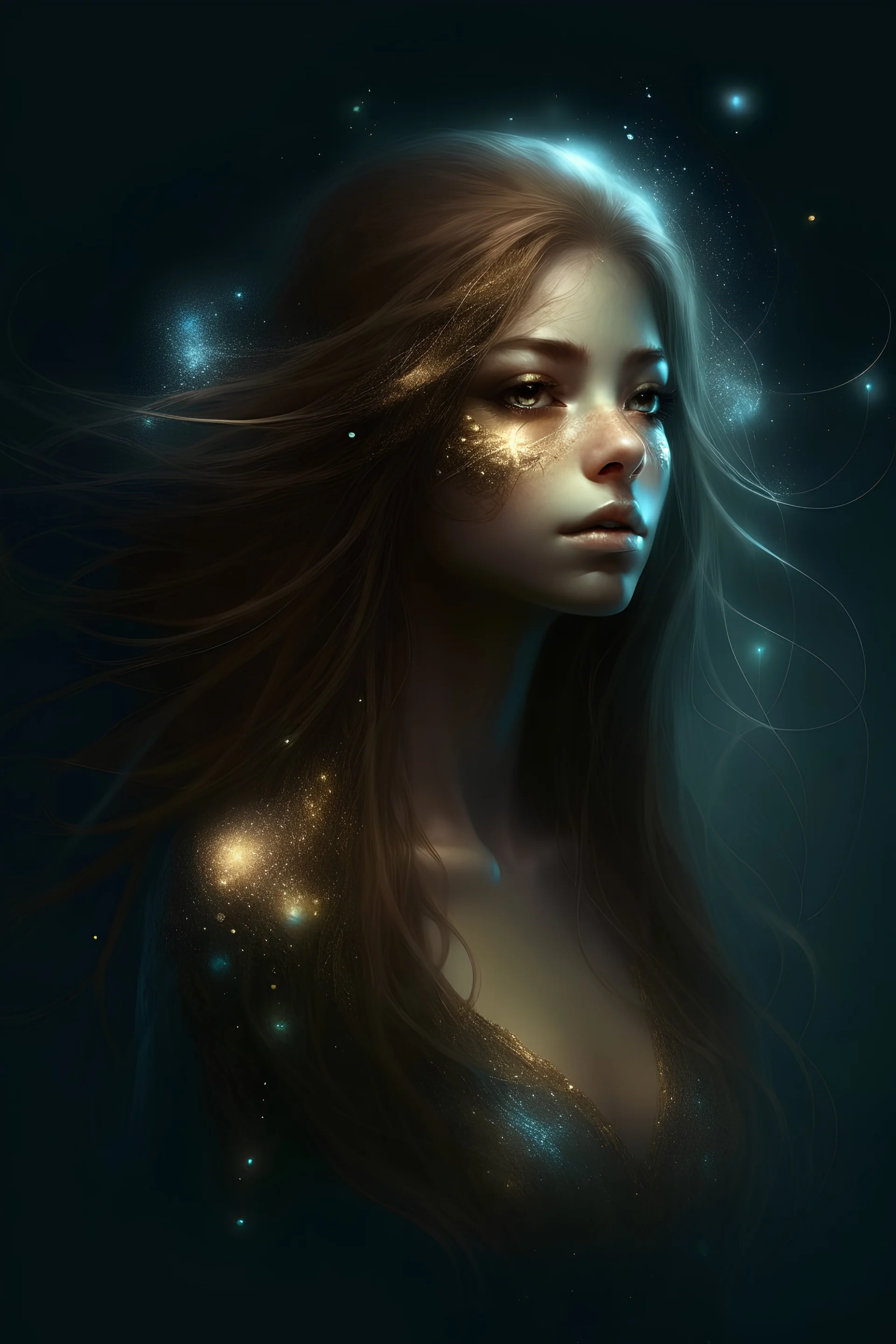 Weibliches Lichtwesen für einen Jugend-Fantasy-Roman, lange Haare, Wesen aus Sternenstaub