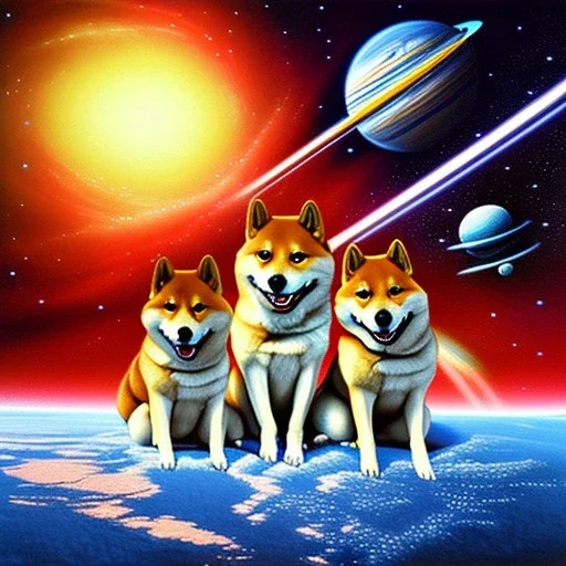 three shiba inus in space