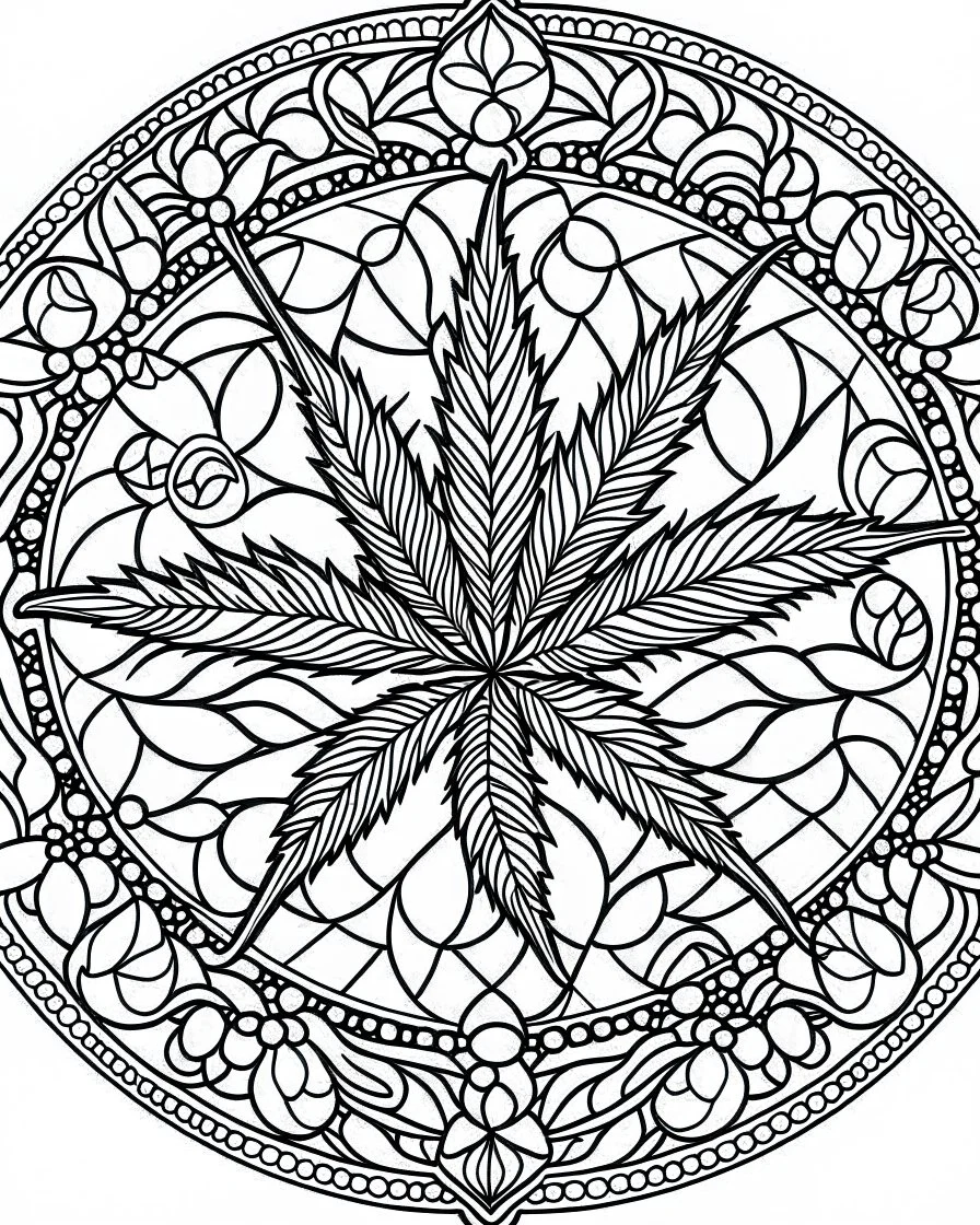 outline art for stoners coloring pages with A very simple stained glass style design featuring swirling smoke patterns and intricate cannabis leaf details., white background, sketch style, fully body, only use outline, mandala style, clean line art, white background, no shadows and clear and well outlined