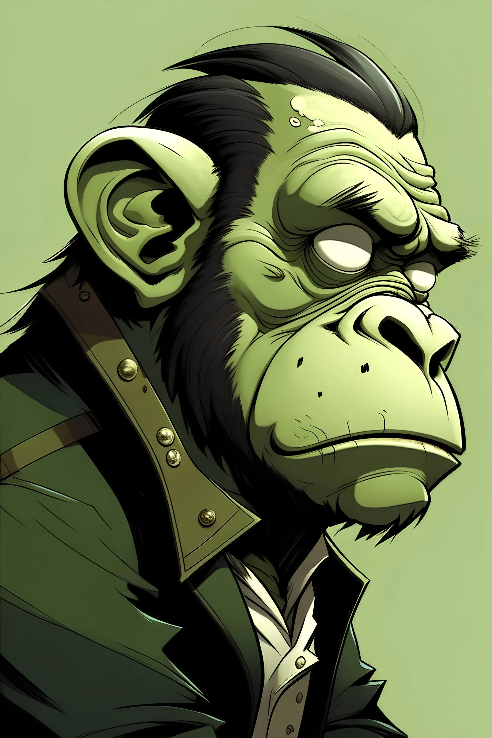 Detailed Side-View of a [Scholar Classy Chimpanzee] as a Gorillaz Member, [Thinking with hand on chin], [Serious] Mood, Band Gorillaz Style, 2005 Hand-Draw, By Jamie Hewlett, logo, Punk-Core Portrait, Solid Background, High Quality, 4K --v 5