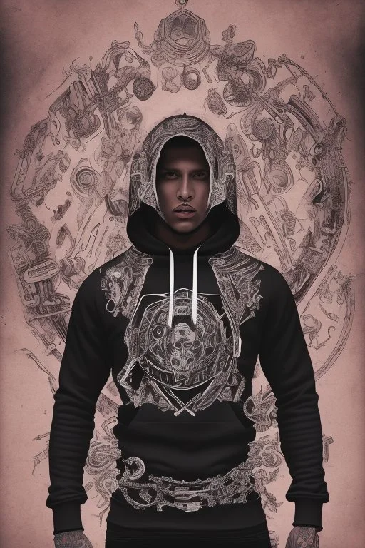 Cool black rapper with all the jewelery and tattoos, hoody and scateboard. Surrounded by an abstract backstreet graffiti vibe