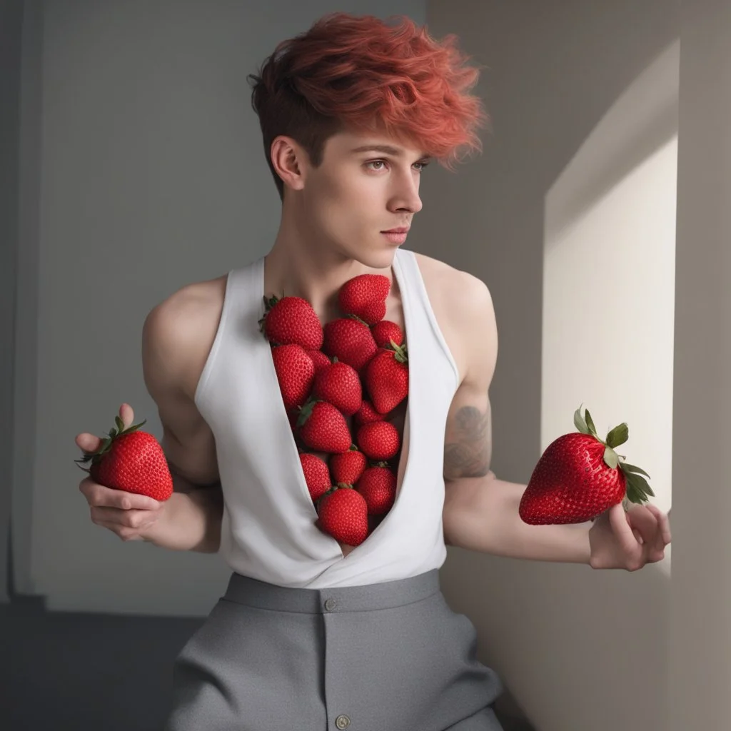 I want a man merged with a strawberry with pixie-cut hair, - a man who looks like a strawberry - a man whose skin is strawberry skin