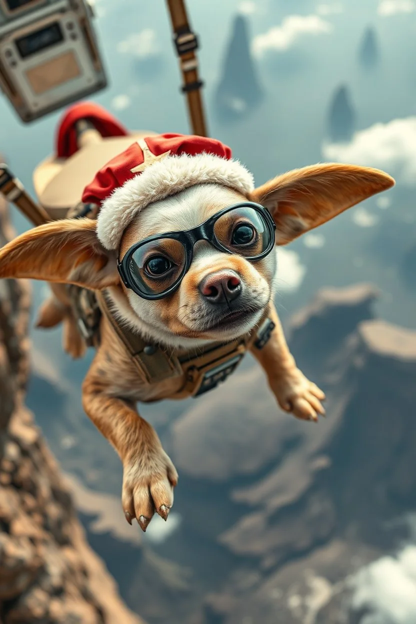 close up on dog captain gremlin paratrooper from spaceship jumping over cliff hang